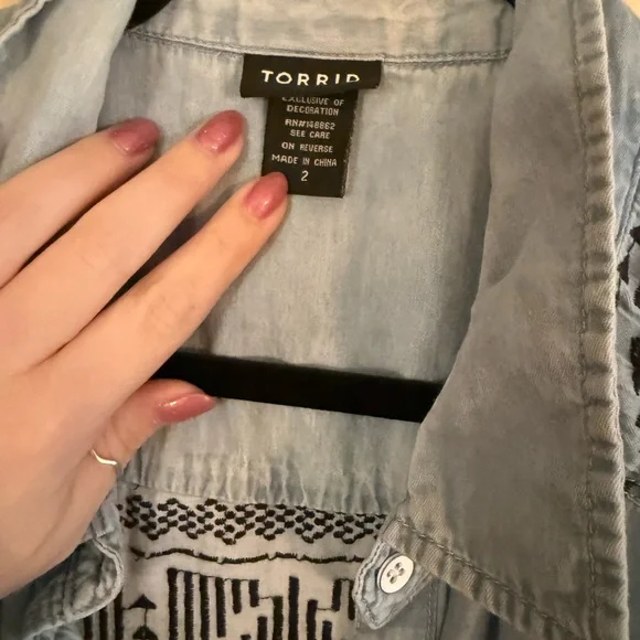 Torrid Light Blue Denim Shirt with Black Pattern - Picture 2 of 3